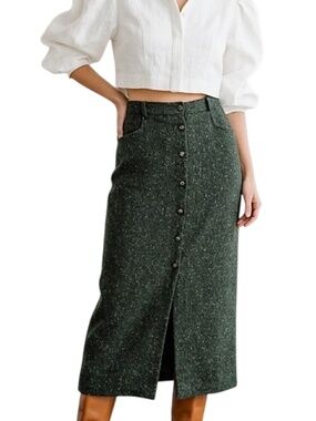 Vtg 80s 90s wool blend forest green tweed button front old money maxi skirt 13